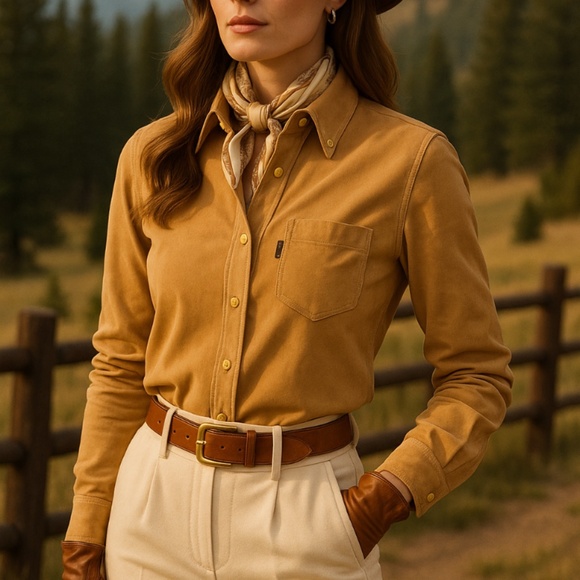 Escada Camel Suede Over Shirt with Gold Button Details - Picture 1 of 10